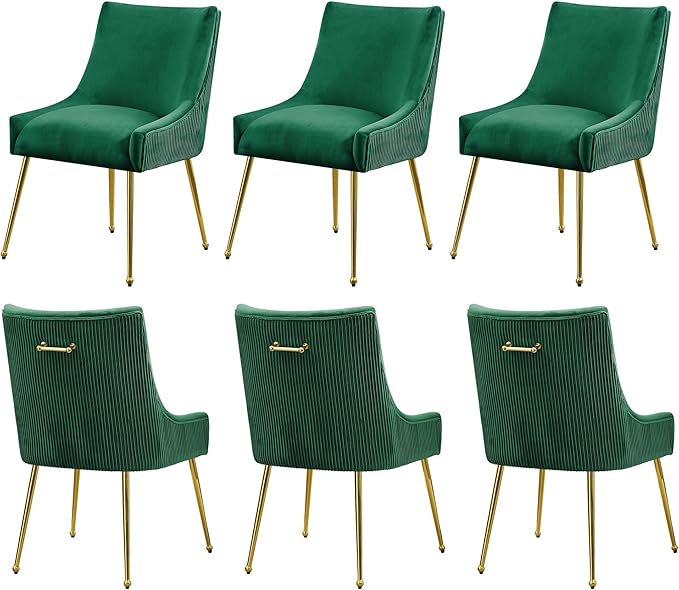 Velvet Dining Chairs Set of 6 Gold LegsUpholstered Velvet Accent Chairs Pleated Back Design &amp Gold Pull Handle Mid Century Modern Chairs for Dining/Kitchen/Living RoomGreen