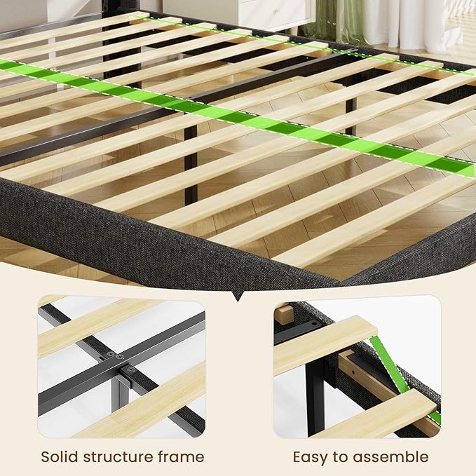 LED King Size Bed Frame with 2 Storage Drawers Upholstered King Bed Frame with Headboard and Charging Station No Box Spring Needed Easy to Assembly-Dark Grey
