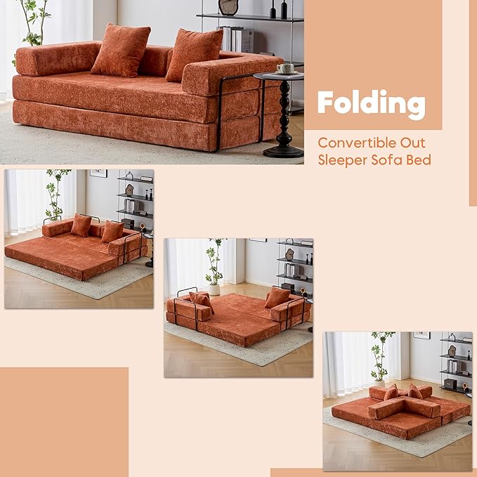 77 Convertible Sleeper Sofa Bed with Fixed-Shape Frame Modern Chenile Folding Boneless Couch with 2 Pillows Comfy Floor Sofa Couch for Living Room No Assembly Required Orange