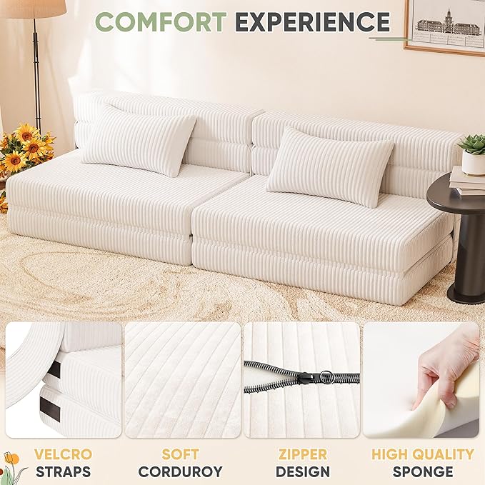 Homall Folding Sofa Bed Floor Couch Convertible Sleeper Chair with Pillow Comfy Futon Lounge Sofas Portable Fold Out Chair Bed for Living Room Small Space (Corduroy Cream)