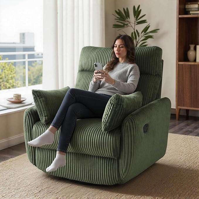 Swivel Recliner Chair for Adults Corduroy Nursery Glider Rocking Chair Armchair with 2 Pillows Comfy High Back Reclining for Small Spaces Nursery Bedroom Living Room (Corduroy Green 1 Pack)