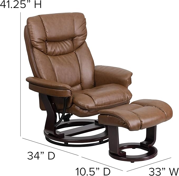 Flash Furniture Allie LeatherSoft Upholstered Recliner with Footrest Arms and Headrest Padded Swivel Recliner Chair and Ottoman Set Palimino