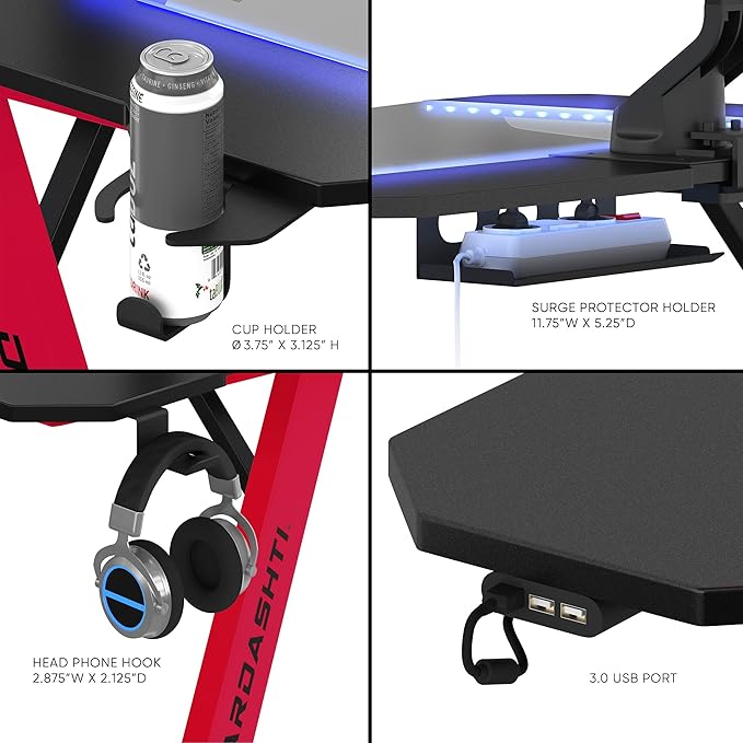 Dardashti Gaming Desk PC Computer Desk Home Office Desk Gaming Table Z Shaped Gamer Workstation with Cup Holder and Headphone Hook Z1-21 Red