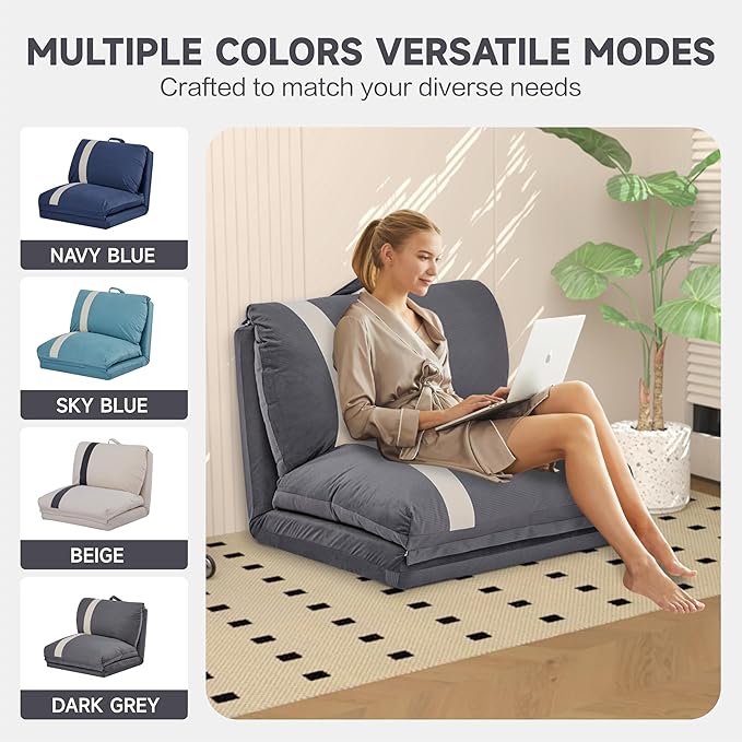 Folding Sofa Bed Set of 2 Convertible Floor Sofa with 6-Position Adjustable Backrest Metal Frame and Handle Futon Floor Couch for Dorm Bedroom Apartment Dark Gray