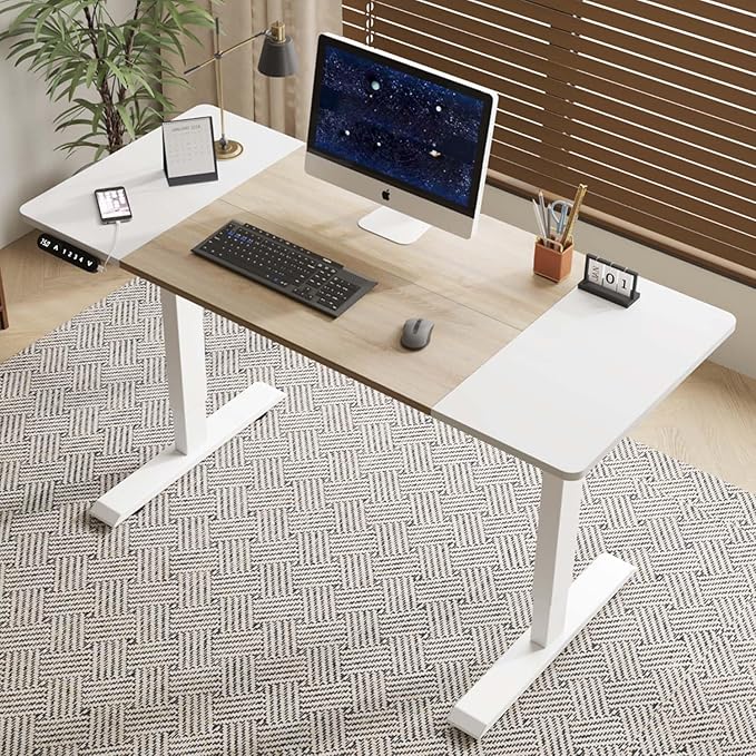 55 Electric Standing Desk Adjustable Height White Seated Stand up Computer Desks for Work Office Home Ergonomic Lift-up Gaming Tables with USB Charging Port (Oak+White-P)