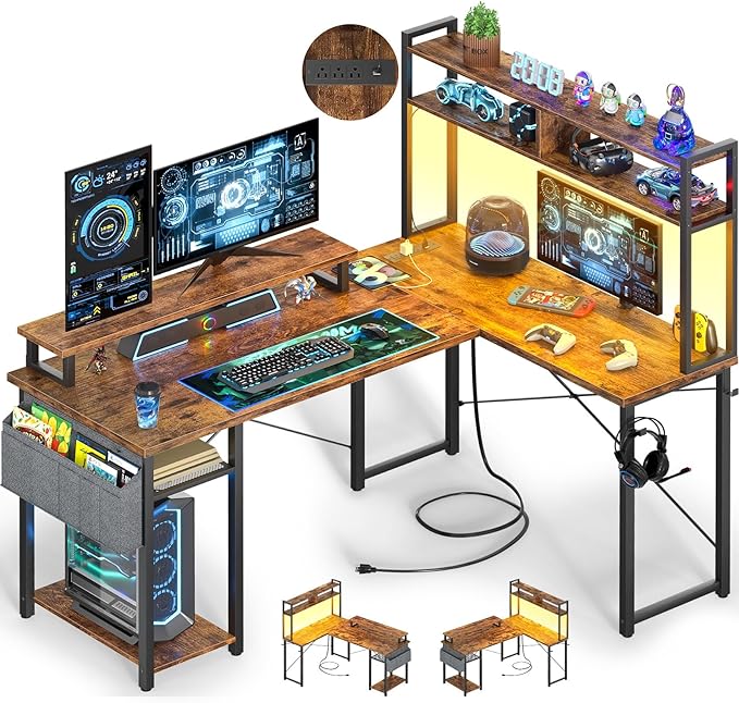 Small L Shaped Gaming Desk with Power Outlets 48 Reversible L Shaped LED Computer Desk with Monitor Stand &amp Storage Shelf Corner Gamer Desk Home Office Desk with Storage Bag Rustic Brown