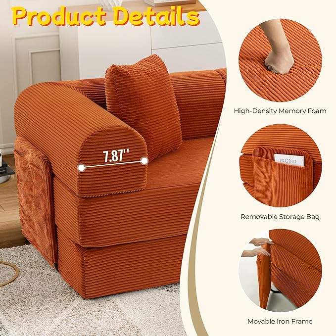 106.3 L Shape Convertible Sleeper Sofa Bed Oversized Modular Sectional Cloud Sofa with Fixed-Shape Frame &amp Storage Pocket Boneless Couch for Living Room No Assembly Required Orange