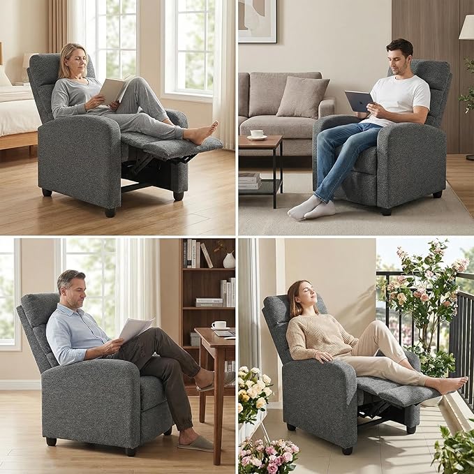 Furnimart Small Manual Recliner Chair for Small Spaces Overstuffed Chenille Reclining Chair with Chunky Cushion Comfortable Single Sofa Recliner for Adults Living Room Bedroom Home Theater Gray