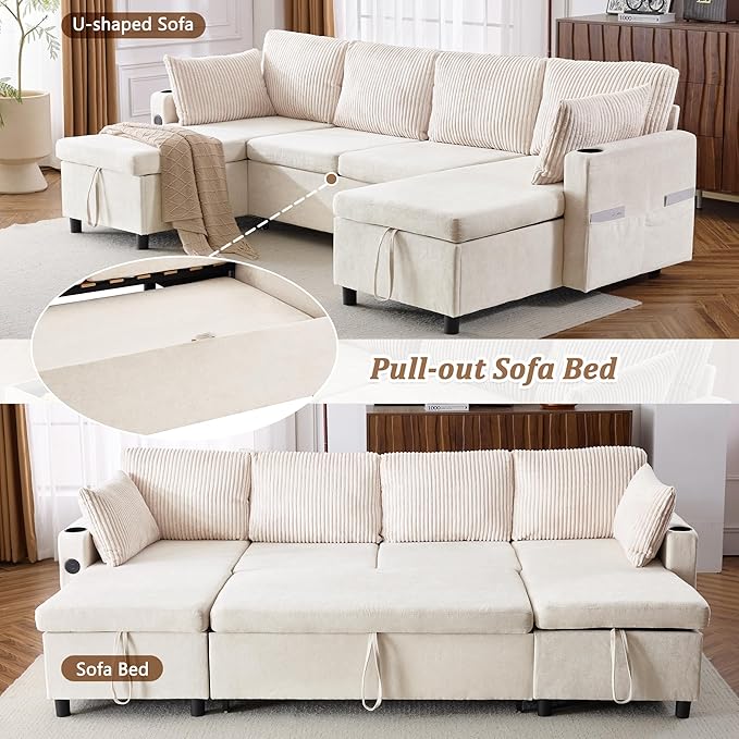 Merax Pull-Out Sofa Bed Sleeper Pull Out Sectional Couch with Storage USB Cup Holder for Apartment Living Room Beige