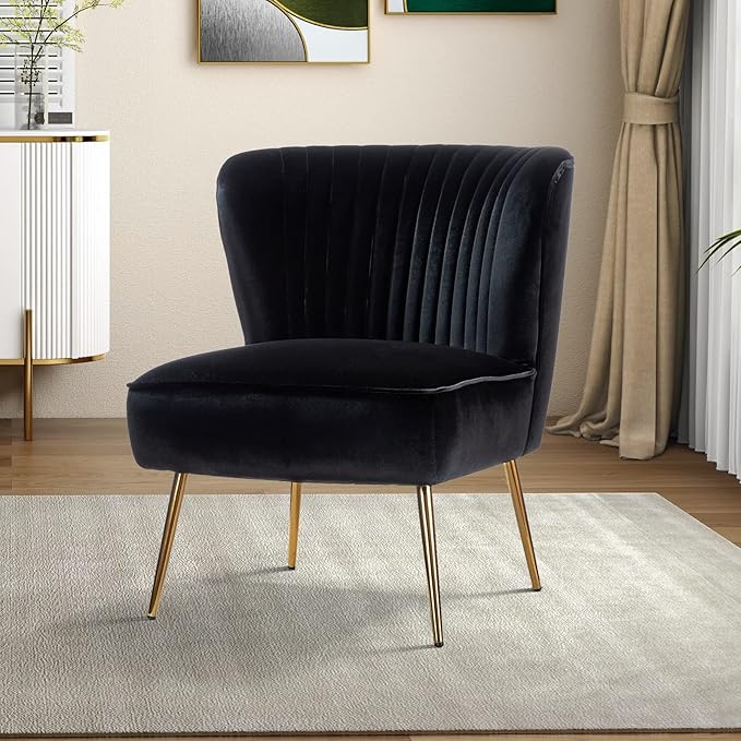 Tina's Home Velvet Armless Accent Chair Upholstered Modern Small Side Chair with Golden Legs Comfy Cute Wingback Slipper Chair for Living Room Study Beauty Room Thickly Padded(Black)