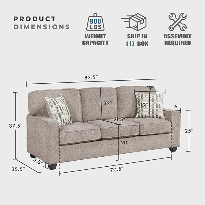 Lexicon 83.5 Chenille Upholstered Sofa Modern 3-Seater Couch with Track Arms Reversible Cushions Removable Cushion Cover Matching Pillows for Living Room/Apartment/Office Easy Assembly Taupe