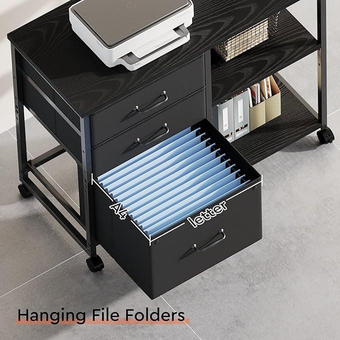 3 Drawer File Cabinet with Wheels Rolling Printer Stand with Open Storage Shelf Fabric Lateral Filing Cabinet for Home OfficeBlack