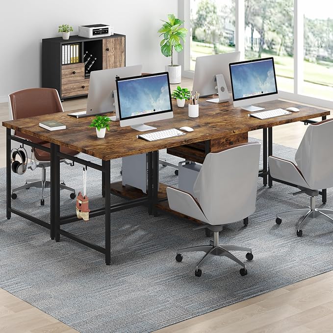 Tribesigns 78.74’’ Two Person Desk with 2 Drawers Long Double Computer Desk Gaming Table with Shelves Industrial Study Writing Table Workstation for Home Office Rustic Brown