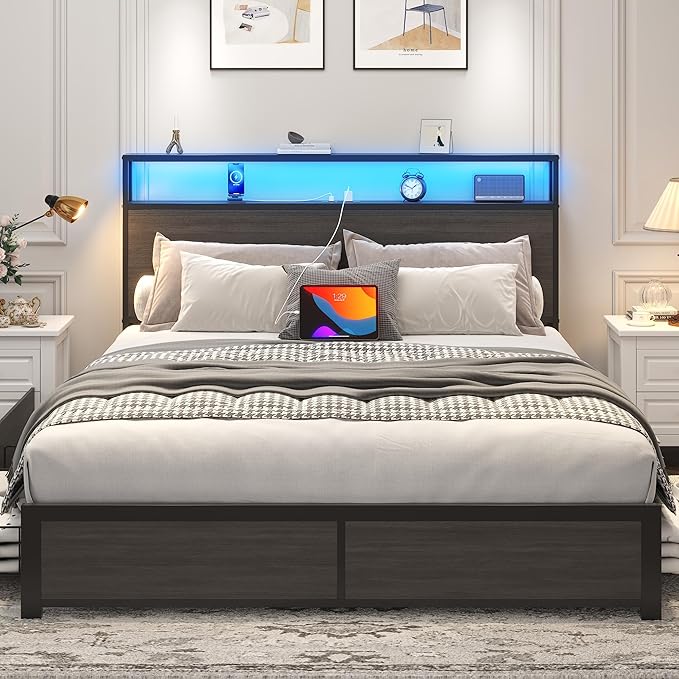 Lifezone Queen Bed Frame with 2-Tier Storage Headboard Metal Platform Bed Frame with 4 Storage Drawers Built in Charging Station &amp LED Noise-Free/Metal Support/No Box Spring Needed Rustic Grey