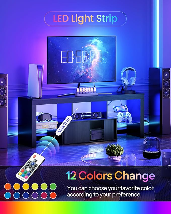 TV Stand with Power Outlet Modern TV Cabinet for 55 60 inch TVs Media TV Console with LED Light Strip Media Entertainment Center with Storage for Living Room Bedroom Black MDS02UDBB