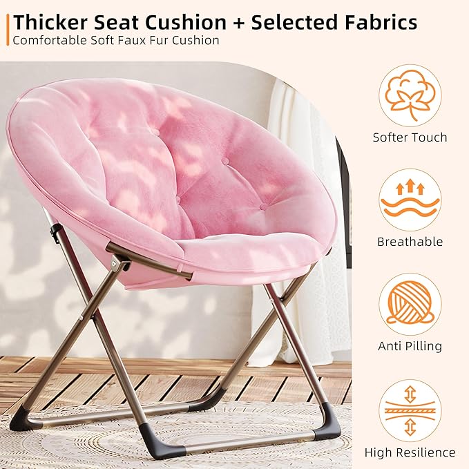 IDEALHOUSE Comfy Folding Padded Saucer Chair Folding Circle Chair with Metal Frame Soft Moon Chair for Bedroom Dorm Rooms Apartments Lounging Garden and Courtyard Pink