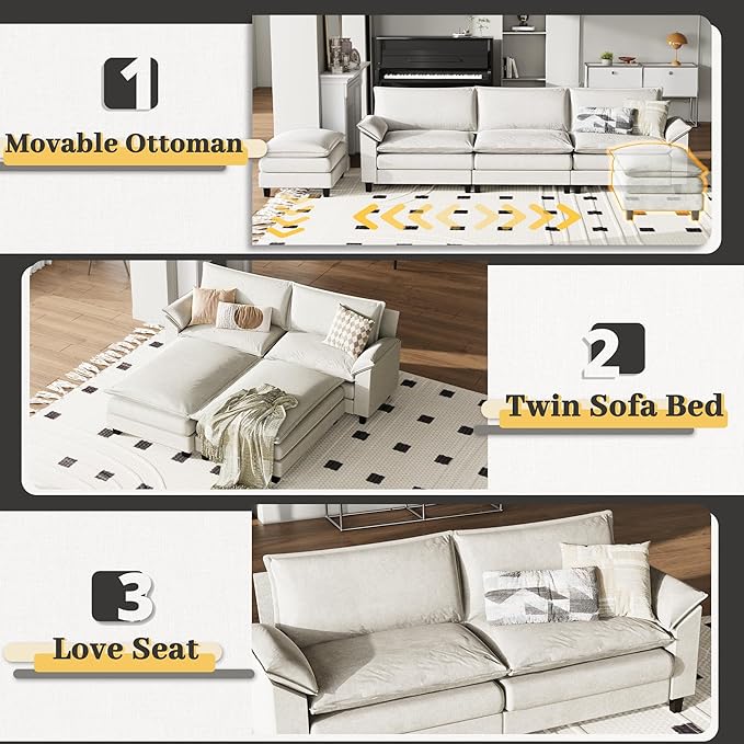 Flamaker Modular Sectional Sofa Couch Fabric Reversible L Shaped Sofa Couch Cloud Couch with Ottoman 3-Seat Sectional Sofa Couches for Living Room Apartment(White)