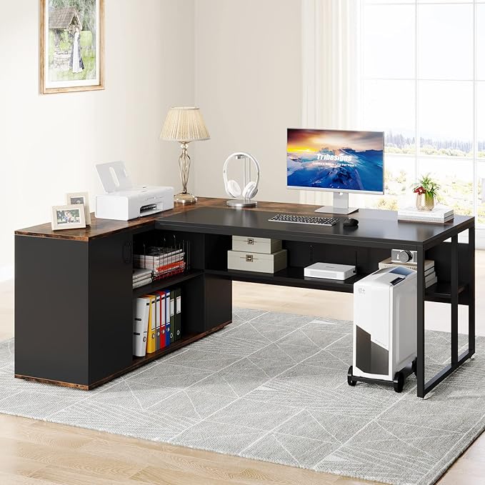 LITTLE TREE Large Computer Desk with File Cabinet 71 inch Executive Desk L Shaped Office Desk Business Furniture Desk Workstation for Home Office Brown
