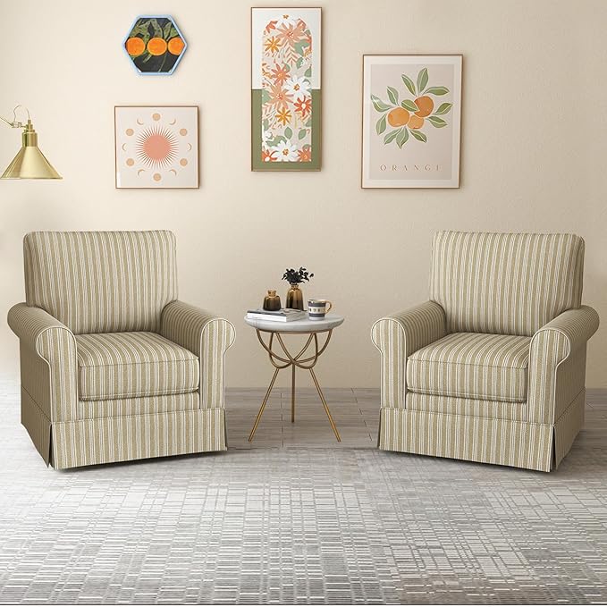 INZOY Swivel Accent Chair Linen Mid Century Modern Chair Comfy Swivel Barrel Reading Chair Upholstered Square Chair for Living Room Bedroom Small Spaces Fully Assembled Brown Stripe
