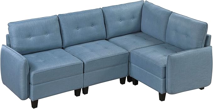 Lexicon L Shape Sectional Couch with Hidden Storage Textured Fabric Modular Sectional Sofa with Button-Tufted Design Reversible Back Cushion 4 Seater Sofa Blue