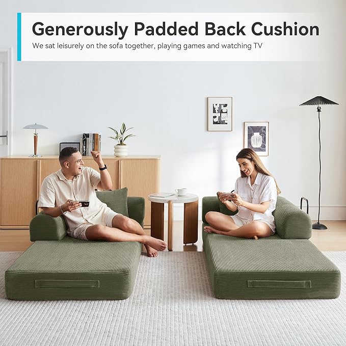 Sleeper Sofa Comfy Convertible Folding Couch-Futon-Corduroy Fabric Sleeper Sofa Bed with 2 Pillow Removable Soft Cushion for Small Living Room Dorm/Bedroom/College/Office (Light Green)
