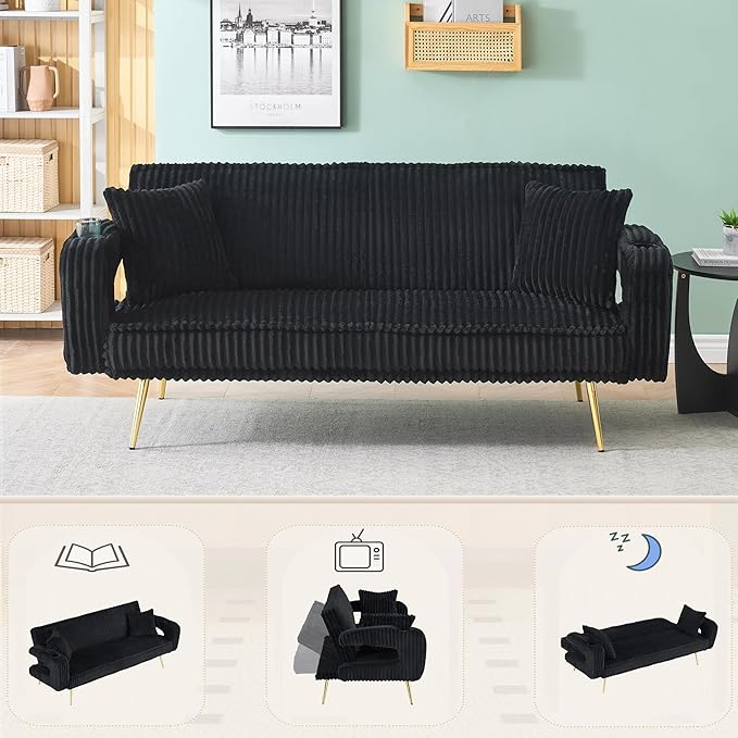 73 Convertible Futon Sofa BedModern Corduroy Sleeper Couch with 3 Reclining BackrestsGolden Chrome LegsComfy Cloud Sofa Loveseat for Small Living Room Bedroom Office (Black)
