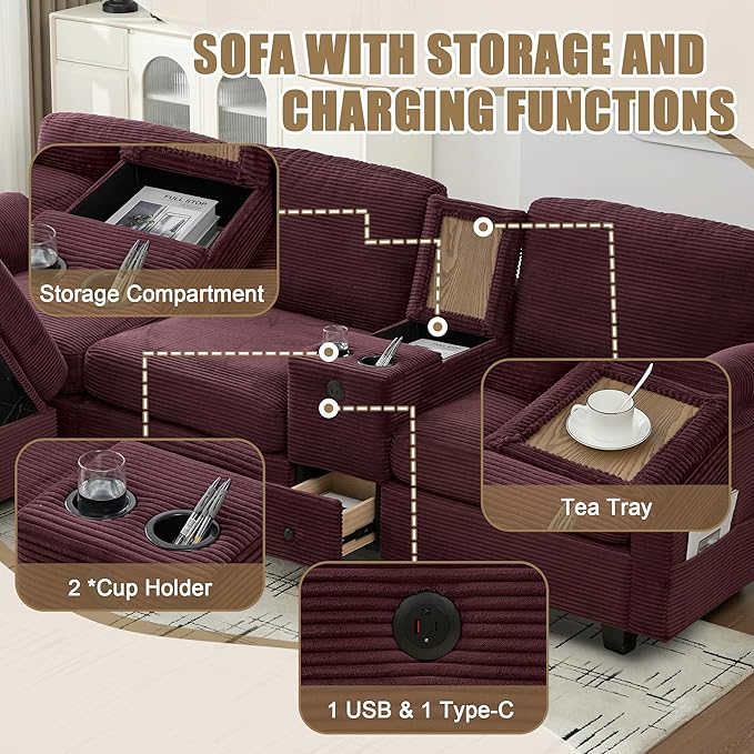 KEIKI 105 L-Shaped Oversized Corduroy Modular Sectional Sofa with 1 Ottoman and Multi Functional Console 4-Seater Upholstered Couch with USB and 2 Cup Holder Easy Assembly for Living Room Red