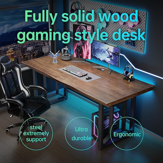 Solid Wood Rustic Style 55.1-inch Computer Desk - Large Office Desk for Home Office Modern and Simple Design Ideal for DiningStudy Writing (Black-q 55.12 * 27.56 * 29.53)