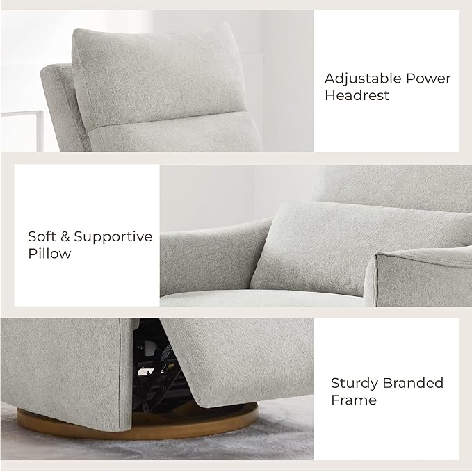 CHITA Swivel Rocker Recliner Chair Power Nursery Glider Recliner Nursery Rocking Chair with Adjustable Power Headrest FSC Certified Solid Wood Base Crockery (Gray)