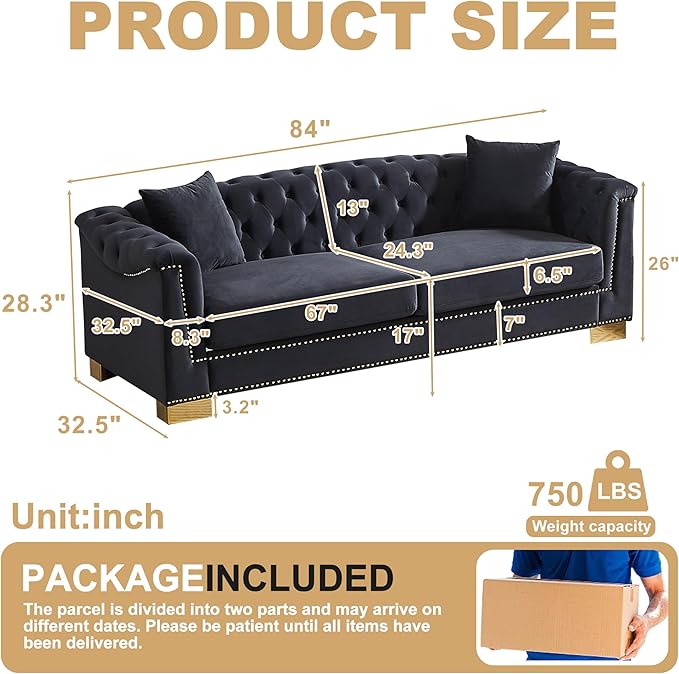 84 Chesterfield 3-Seater Black Velvet Combination Sofa 2 Cushion Classic 6.5 Rolled Arm Modern Couch Suitable for Living Room