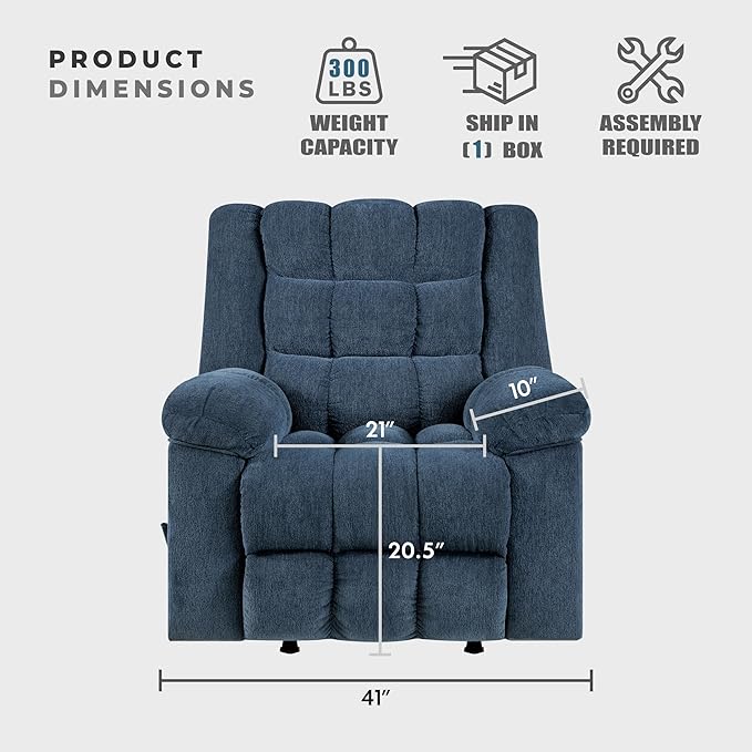 Lexicon Chenille Rocker Reclining Chair for Adults Rocker Pull Handle Recliner Nursery Chair for Living Room/Bedroom High Back Pillow Top Arms High Density Foam Cushions Blue