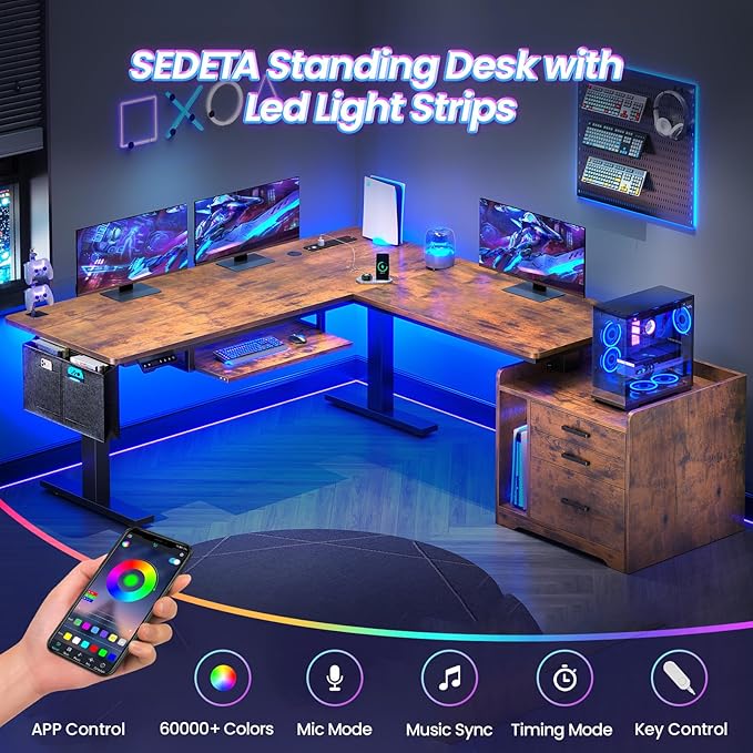 SEDETA L Shaped Electric Standing Desk with File Cabinet 63 x 53'' Height Adjustable Home Office Computer Desk with 3 Drawers Power Outlet Stand up Gaming Table with Led Lights Rustic Brown