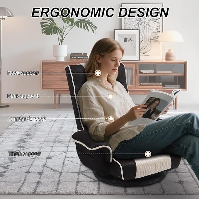 Linen Fabric Ergonomic Gaming Chair 6-Position Reclining Sofa Bed with Lumbar Support Foldable Floor Lounger with Thick Cushion Armrests &amp Side Pockets for Esports Reading Napping (Brown + Be