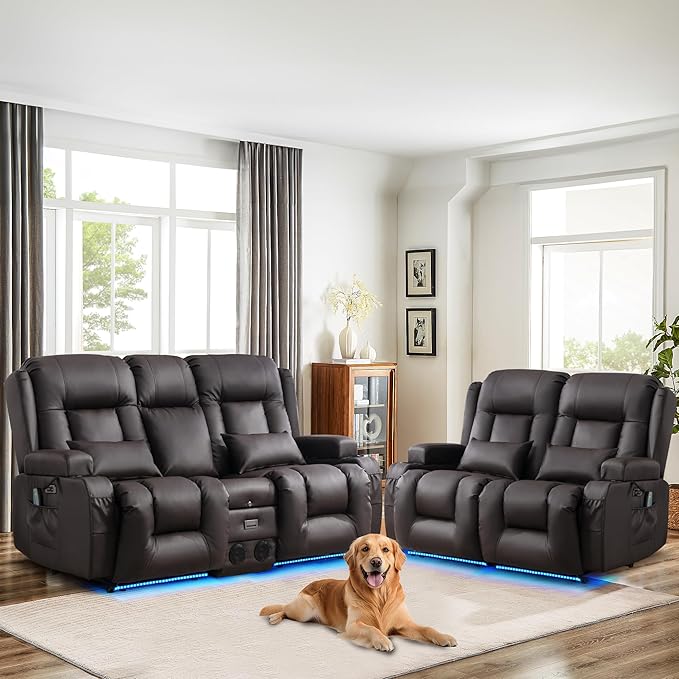 TUNYI Power Loveseat Recliner Sofa Faux Leather Reclining Sofa with Console RV Reclining Loveseat Couch with USB/Outlet/Storage/Side Pocket/LED Light/Speaker (Brown Loveseat)