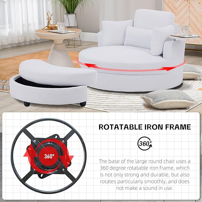 51'' Accent Swivel Barrel Chair with Storage Ottoman Modern Oversize Round Swivel Leisure Armchair for Living Room Hotel Club Lounge White