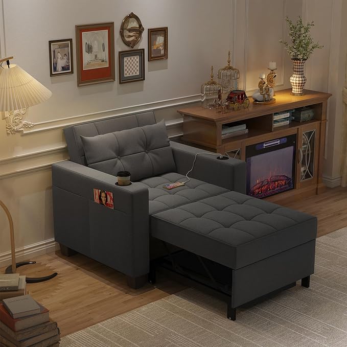 DURASPACE Pull Out Sofa Bed 3-in-1 Convertible Sofa Sleeper Chair Bed with USB Cup Holder Adjustable Armchair Beds for Small Spaces Apartment Living Room Office (Dark Gray Linen)