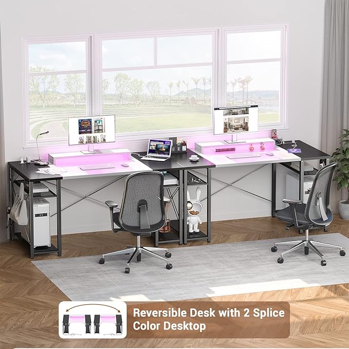 Armocity Computer Desk with LED Lights 55 Inch Desk with Power Outlet and USB Reversible Large Desk with Moveable Monitor Stand 55.2'' Gaming PC Table for Home Office Workstation White and Black
