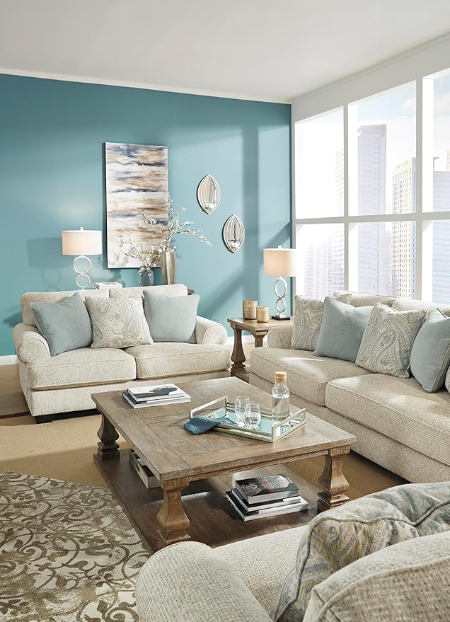 Signature Design by Ashley Monaghan Vintage Loveseat with Accent Pillows Reversible Cushions and Rolled Arms Beige