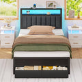 Furnulem Twin Bed Frames with Charging Station and LED Lights Grey Upholstered Headboard with Shelves Metal Platform Bed with 2 Under-Bed Storage (Fabric Drawer on Wheels) No Box Spring Needed