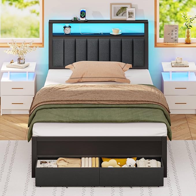 Furnulem Twin Bed Frames with Charging Station and LED Lights Grey Upholstered Headboard with Shelves Metal Platform Bed with 2 Under-Bed Storage (Fabric Drawer on Wheels) No Box Spring Needed