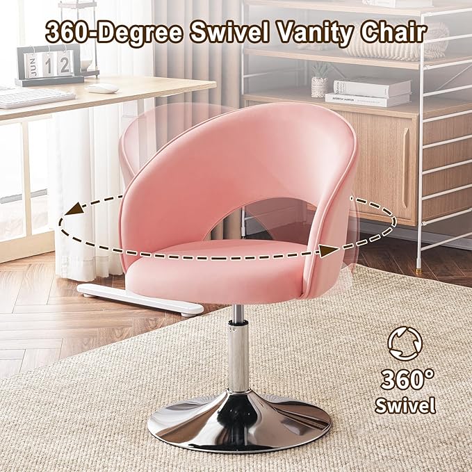 Furnimart Pink Velvet Vanity Chair Vanity Stool with Back Height Adjustable Swivel Accent Chair with Backrest Round Makeup Chair for Vanity Living Room Bedroom (Pink)