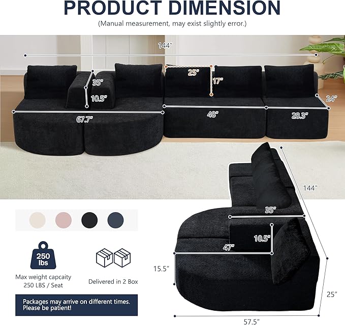 144 Oversized Sectional Sofa with Chaise Lounge Boneless Couches for Living Room Modern Luxury Chenille 5-Seater Sofa Deep Seat U-Shape Curved Cloud Couch No Assembly Required (Black)