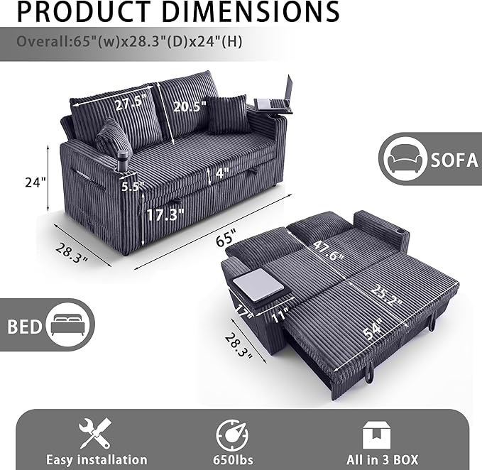 65'' Convertible Sofa Bed3-in-1 Pull Out Couch with USB Charging Port &amp Swivel Side TableCorduroy Fabric Loveseat Sleeper Couches with Adjustable Backrest for Living RoomEasy AssemblyGrey