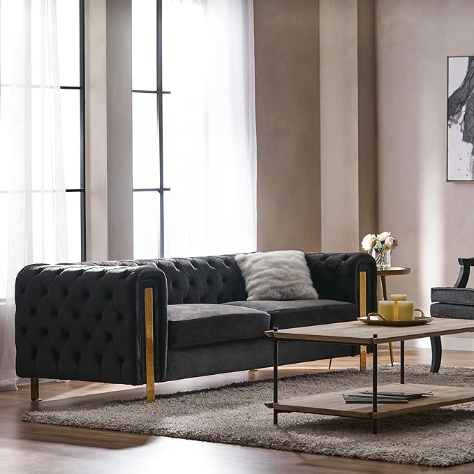 83.75''Velvet Sofa Couch Comfy Couches for Living Room Button Tufted Upholstered Oversized Loveseat Sofa with Gold Iron Legs Modern Deep Seat Furniture for Office Apartment Black