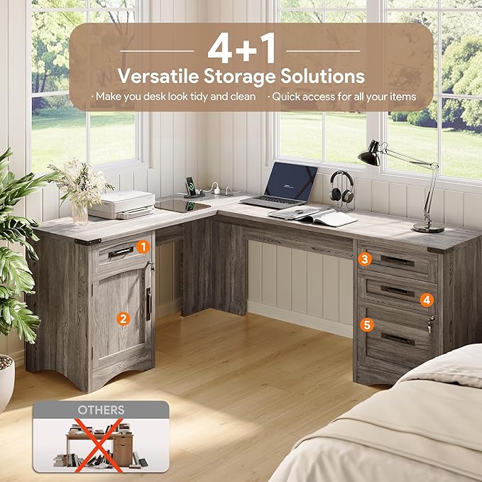 L Shaped Farmhouse Executive Desk with Drawers 67 Home Office Desks with Fast Charging Station Lockable File Cabinet Wood Writing Computer Desk for Work Study Grey