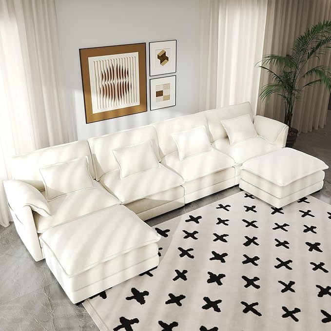 Real Relax 145'' Modular Sectional Sofa U Shaped Chenille Convertible Couch with Movable Ottoman 8 Pillows and 2 Armrest Pillows for Living Room Office and Leisure Places Beige