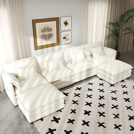 Real Relax 145'' Modular Sectional Sofa U Shaped Chenille Convertible Couch with Movable Ottoman 8 Pillows and 2 Armrest Pillows for Living Room Office and Leisure Places Beige