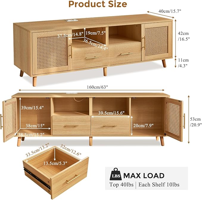 Rattan TV Stand for 70 Inch TV 63 Modern Entertainment Center with LED Light &amp Storage Shelves 2 Drawers and Cabinets Rattan Door Boho TV Stand with Outlet for Living Room Wood