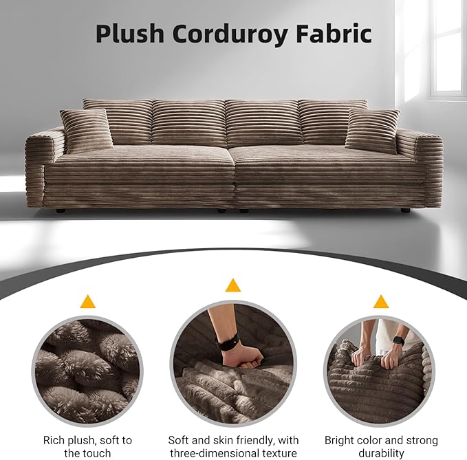 Ball &amp Cast 102.4 Plush Corduroy 4 Seater Sofa with Movable OttomanDeep Seat L Shaped Cloud Couches with Soft PillowsComfy Convertible Sectional Couch Lounge Chair for Living RoomOfficeCamel