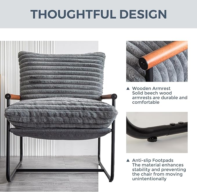 MAXYOYO Accent Chair Sherpa Arm Chair for Living Room Mid Century Modern Accent Chairs Boucle Reading Bedroom Chair Teddy Armchair Wooden Arms Metal Frame